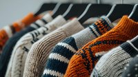 Cozy knitted sweaters in autumn colors hanging on wooden hangers, featuring stripes and patterns in orange, navy blue, beige and gray tones. Warm winter wardrobe.