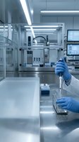 Laboratory technician in blue gloves using pipette for sample analysis in sterile pharmaceutical research facility with modern equipment and clean room environment.