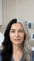 Middle-aged woman showing hair color transformation from dark brown to silver gray in split comparison for beauty salon marketing.
