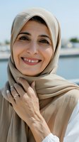 Middle-aged woman of Middle Eastern ethnicity wearing beige hijab, smiling warmly at waterfront location. Portrait suitable for lifestyle, diversity, and professional use.