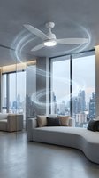 Modern white ceiling fan with light in a stylish living room, airflow visualization swirls, city view through floor-to-ceiling windows.