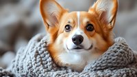 Adorable Pembroke Welsh Corgi wrapped in cozy gray knitted scarf looking up with happy expression, white and ginger fur, pointy ears, and distinctive smile.