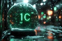 Glowing green digital celsius symbol in glass sphere against dark background with bokeh lights and water drops creating atmospheric mood.