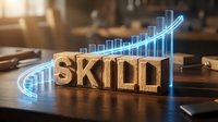 Wooden SKILL letters with glowing blue upward trending graph arrow on desk representing professional development and career growth concept.
