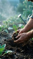 Male farmer with hairy arms planting seedling in soil, gardening and agriculture concept for sustainable farming and organic growth.