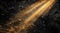 Golden light rays pierce through dark dusty atmosphere with floating particles and sparkling effects, creating dramatic illumination for backgrounds, overlays, and atmospheric design projects.