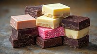 Assorted chocolate fudge pieces stacked in layers showing dark, white, strawberry and caramel varieties on rustic wooden surface with soft natural lighting.