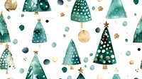 Festive watercolor pattern with emerald green Christmas trees and golden ornaments on white background. Seamless holiday design for wrapping paper and cards.