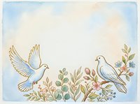 Two doves perched among blooming flowers and foliage in soft watercolor style, symbolizing peace, love, and harmony. Isolated on white background, ready for wedding invitations, greeting cards, and design projects.