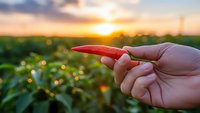 Hand holding fresh red chili pepper at sunset over green agricultural field. Organic farming, spicy vegetable harvest, healthy food production concept.