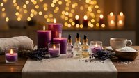 Spa wellness setup with purple candles, essential oils, lavender, towels and coffee cup on wooden table with warm bokeh lights background.