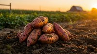 Fresh harvested sweet potatoes piled on fertile farmland soil during golden hour sunset with agricultural field and barn in background.