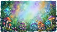 Enchanted forest floor with glowing mushrooms, magical plants, and vibrant watercolor bokeh lights in purple, green, and gold tones. Fantasy woodland scene for fantasy art, children's book illustration, and whimsical design projects.