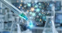 Laboratory pipette dropping glowing blue liquid with molecular structures and light effects in modern scientific research facility for biotechnology experiments.