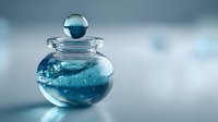 Elegant round glass jar with blue liquid and bubbles, topped with matching spherical stopper against soft blurred background.