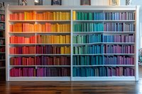 Colorful bookshelf with books arranged in rainbow spectrum from red to purple, creating vibrant gradient display in home library.