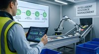 Male engineer in safety vest monitoring intelligent resource management system with digital dashboard and robotic automation in modern industrial facility.