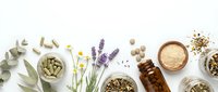 Natural herbal medicine ingredients with lavender, chamomile, eucalyptus leaves and wooden bowls containing various dried herbs on white background.