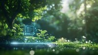 Magical glowing digital interface hologram in enchanted forest setting with luminous particles and green foliage, creating mystical tech atmosphere.