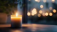 Single lit candle on wooden surface against blurred bokeh lights background creates peaceful evening atmosphere for meditation and relaxation.