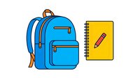 Blue school backpack with front pockets and brown straps alongside yellow spiral notebook with pencil, isolated on white background for educational design use.