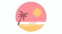 Minimalist tropical beach scene with palm tree silhouette against pink sunset sky and yellow sun, round composition on white background for logo and brand design.
