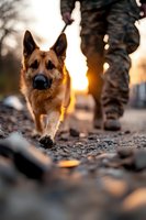 German Shepherd dog walking with military personnel at sunset, dramatic low angle view with golden backlight creating atmospheric patrol scene.