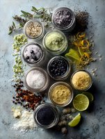 Variety of colorful natural sea salts and herb scrubs in glass jars with fresh herbs, citrus slices and spices on stone background.