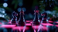 Elegant chess pieces on illuminated board with dramatic lighting and bokeh background for strategic gaming and business concepts.