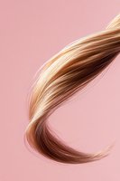 Elegant strand of blonde and brown hair flowing in curved motion against soft pink background, highlighting natural highlights and smooth texture for beauty industry use.