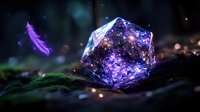 Magical glowing purple crystal on moss with floating ethereal feather and sparkles in mystical forest setting, fantasy nature composition with bokeh lights.
