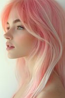 Young woman with pastel pink hair and freckles in profile view against light background, natural makeup and soft lighting creates dreamy atmosphere.