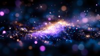 Abstract cosmic background with glowing particles and bokeh lights in deep blue and purple colors creating magical space atmosphere.