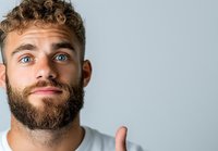 Young Caucasian man with curly blonde hair and full beard looking at camera with intense blue eyes and slight smile against light gray background. Wearing white t-shirt.