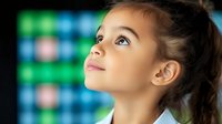 Young girl with upward dreamy gaze against blurred digital background showing contemplation and wonder, representing future technology, innovation and childhood curiosity.