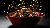 Glazed Asian meatballs garnished with sesame seeds and green onions in red ceramic bowl against dark background with golden bokeh lights.
