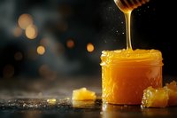 Golden honey dripping from wooden dipper into glass jar with honeycomb pieces on dark background with warm bokeh lights for natural food photography.