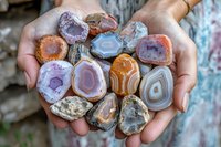 Colorful collection of natural agate geodes and crystal formations displayed in cupped hands, showing vibrant purple, orange, and blue mineral patterns and crystalline structures.