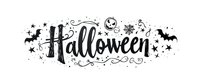 Spooky Halloween lettering with decorative swirls, stars, bats, and smiling moon in black ink style on white background, isolated design element for seasonal projects.
