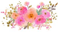 Delicate watercolor floral arrangement featuring pink and peach roses with gold accents and sage green leaves, creating soft romantic composition for wedding stationery.