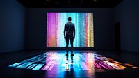Silhouette of businessman standing in front of large digital screen with colorful light display creating dramatic floor reflection in dark exhibition space.
