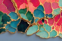 Abstract colorful mosaic pattern with gold veins featuring vibrant pink, teal and emerald fragments creating luxurious decorative background for modern design projects.