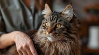 Adorable Maine Coon cat with amber eyes and fluffy brown tabby fur being gently petted, perfect for veterinary, pet care, or animal companionship concepts.