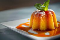 Golden caramel flan dessert with fresh mint garnish on white plate. Sweet custard pudding with caramel sauce for restaurant menu and culinary photography.