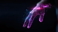 Glowing magical hand silhouette made of sparkling particles against dark background, pink and blue luminous dust creating ethereal mystical effect.