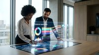 Business professionals analyzing holographic data visualization interface with charts and graphs in modern office environment.