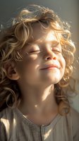 Young child with curly blonde hair basking in warm sunlight, eyes closed with peaceful smile, wearing light colored clothing. Natural window lighting creates gentle shadows.