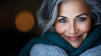 Confident mature woman with silver gray hair and bright smile wearing cozy teal sweater against dark background with bokeh lights, representing aging gracefully.