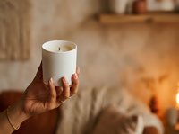 Woman holding white scented candle in cozy home interior with warm lighting, suitable for wellness, home decor, and lifestyle marketing.