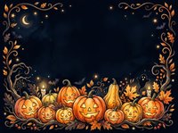 Carved jack-o-lantern pumpkins with glowing faces arranged in autumn harvest scene, surrounded by ornate gold flourishes and crescent moon against dark night sky background.